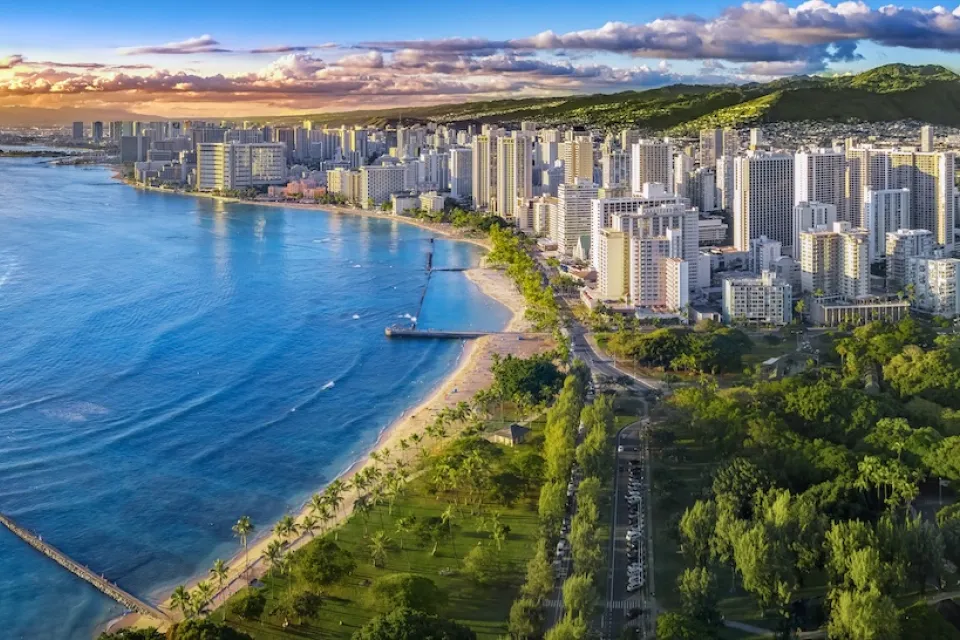 Aerial view of Honolulu, Hawaii with oceanfront.